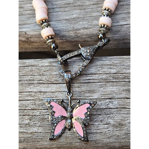 Pink Puka Shell Pave Diamond Sterling Silver Enamel Butterfly Pendant Necklace - Picture 8 of 9